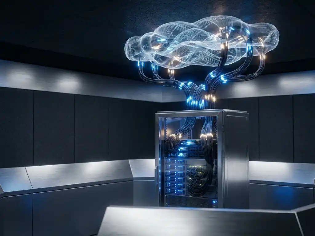 Glasvezelkabels vertakken zich vanuit een serverrack naar lichtgevende wolkformaties in een netwerkoperatiecentrum met elektrisch blauwe tinten.