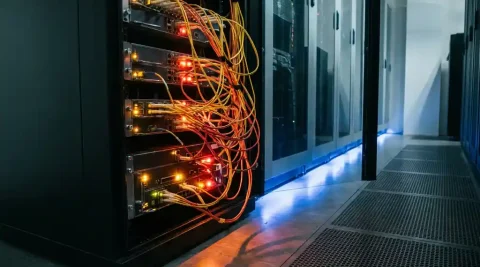 Serverrack met verstrengelde glasvezelkabels en oranje-rode waarschuwingslampjes in een moderne serverruimte.