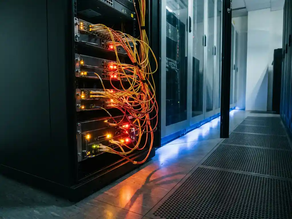 Serverrack met verstrengelde glasvezelkabels en oranje-rode waarschuwingslampjes in een moderne serverruimte.