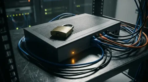 Bedrijfsnetworkrouter met fysiek hangslot bovenop, omgeven door ethernet-kabels in een serverruimte met amberkleurig waarschuwingslicht.