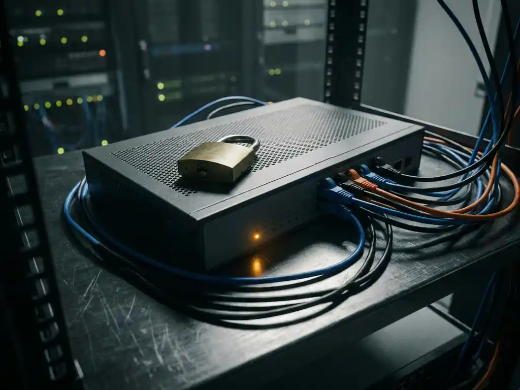 Bedrijfsnetworkrouter met fysiek hangslot bovenop, omgeven door ethernet-kabels in een serverruimte met amberkleurig waarschuwingslicht.