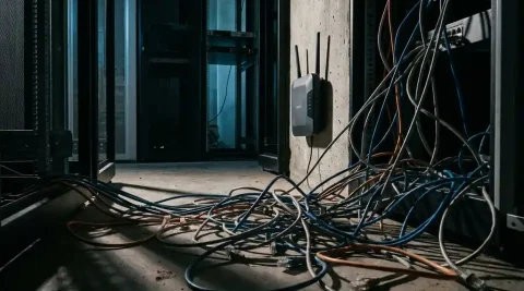 Wirwar van losgekoppelde ethernetkabels op een serverruimtevloer, met een draadloos access point zonder actieve lampjes aan de betonnen wand.