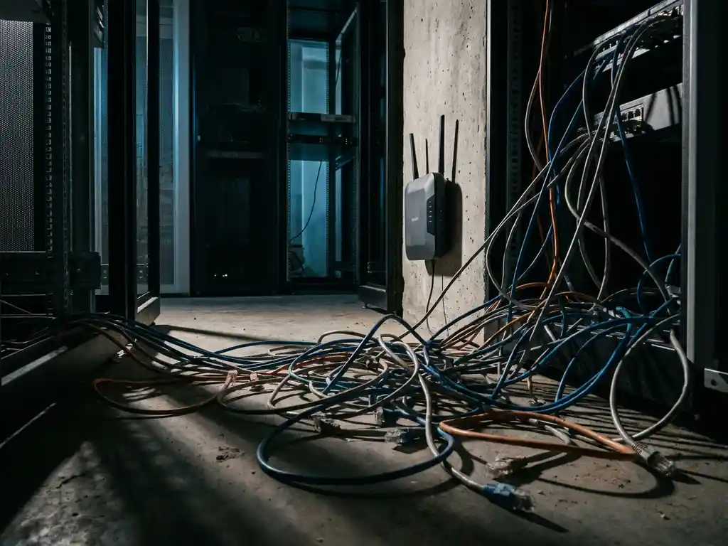 Wirwar van losgekoppelde ethernetkabels op een serverruimtevloer, met een draadloos access point zonder actieve lampjes aan de betonnen wand.