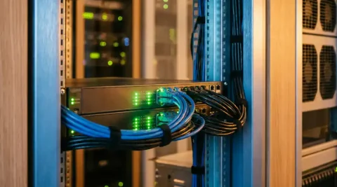 Netwerkswitch met groene LED-statuslichten gemonteerd in een serverrack binnen een modern datacenter, netjes gebundelde kabels.