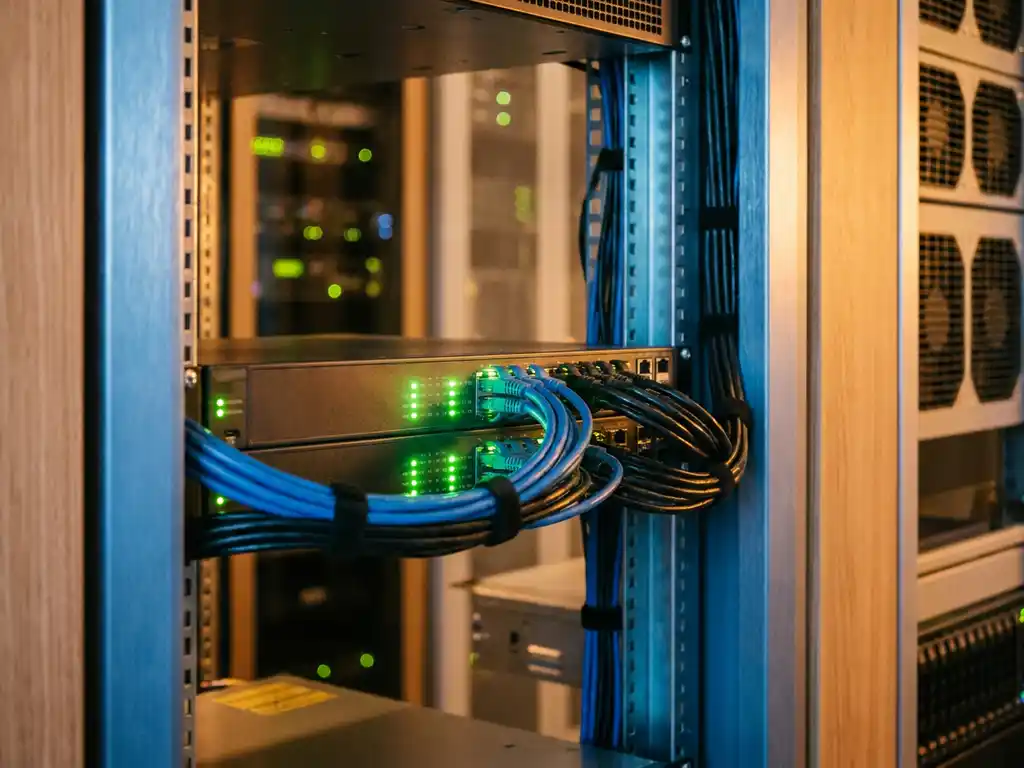 Netwerkswitch met groene LED-statuslichten gemonteerd in een serverrack binnen een modern datacenter, netjes gebundelde kabels.