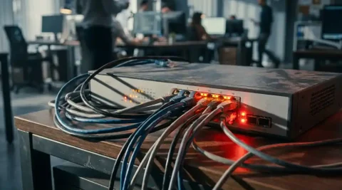 Overbelaste netwerkrouter op kantoorbureau met verstrengelde ethernetkabels en oranje-rode waarschuwingslampjes.