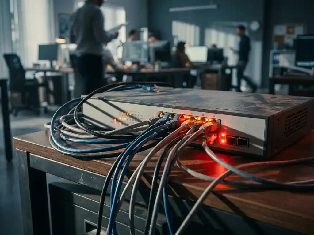 Overbelaste netwerkrouter op kantoorbureau met verstrengelde ethernetkabels en oranje-rode waarschuwingslampjes.