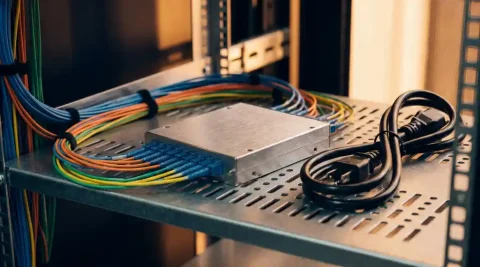 Passieve WDM fiber splitter module op metalen rack, omgeven door gekleurde glasvezelkabels en een loshangende stroomkabel.