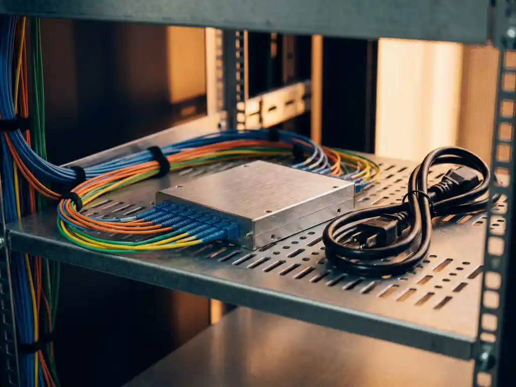 Passieve WDM fiber splitter module op metalen rack, omgeven door gekleurde glasvezelkabels en een loshangende stroomkabel.