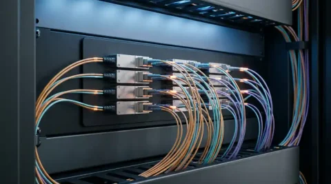 Passieve WDM optische splittermodules in zwart fiberpatchpanel met gekleurde glasvezelkabels in amber, cyaan en violet.