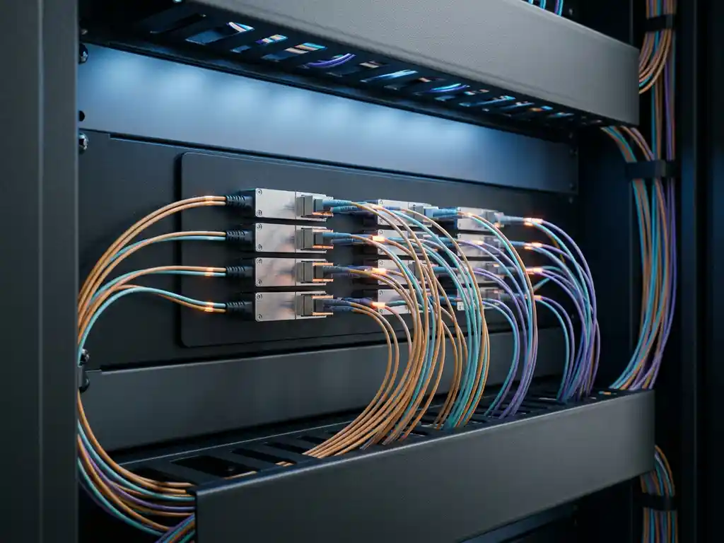 Passieve WDM optische splittermodules in zwart fiberpatchpanel met gekleurde glasvezelkabels in amber, cyaan en violet.