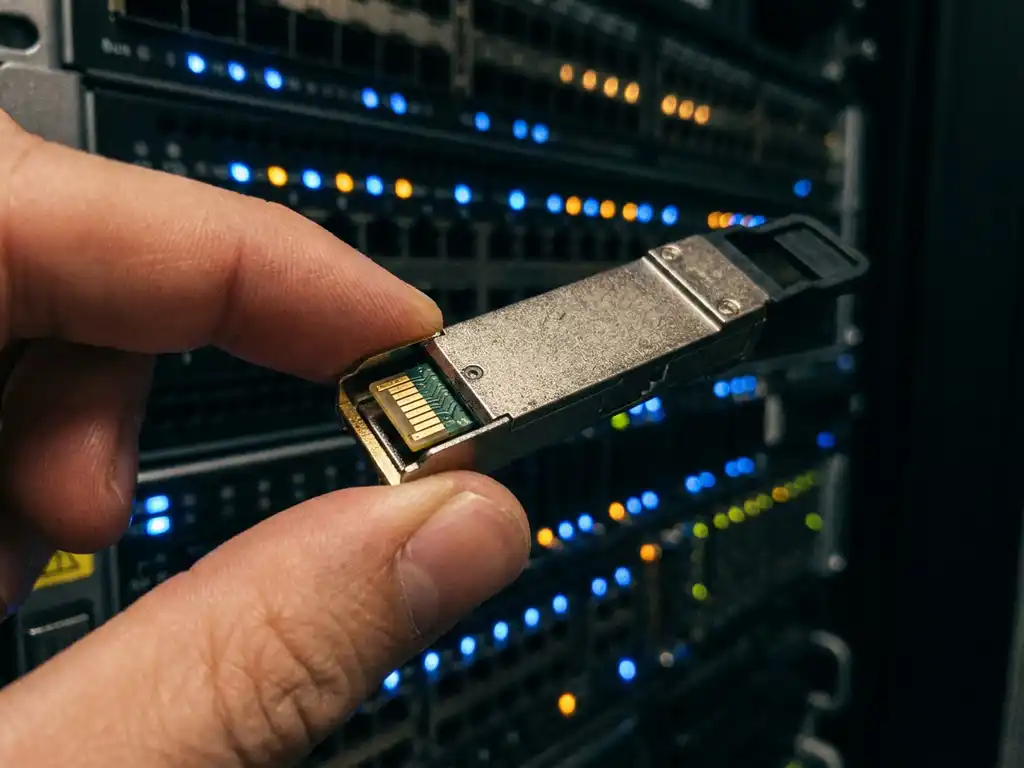 QSFP transceiver module tussen vingers gehouden boven een high-density fiber patch panel met knipperende poort-LED's op de achtergrond.
