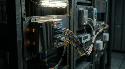 Industrieel edge computing-knooppunt op stalen serverrack met uitwaaierend glasvezelkabels naar eindapparaten, staalblauwe en amberkleurige waarschuwingsverlichting.