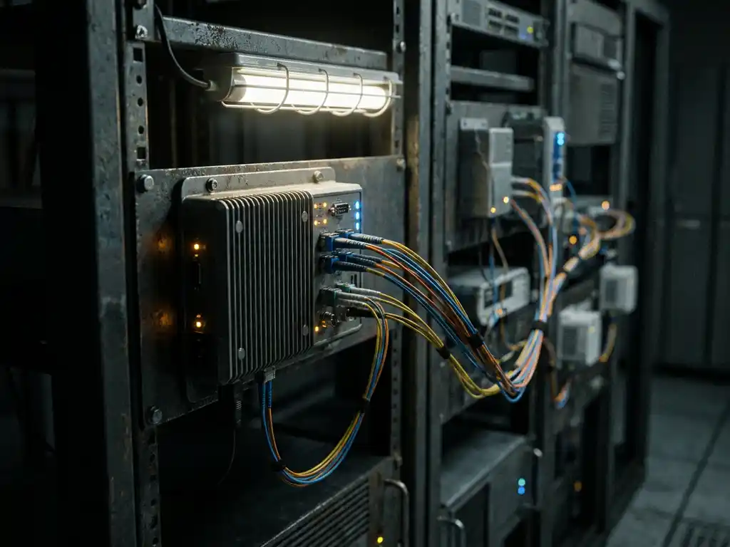 Industrieel edge computing-knooppunt op stalen serverrack met uitwaaierend glasvezelkabels naar eindapparaten, staalblauwe en amberkleurige waarschuwingsverlichting.