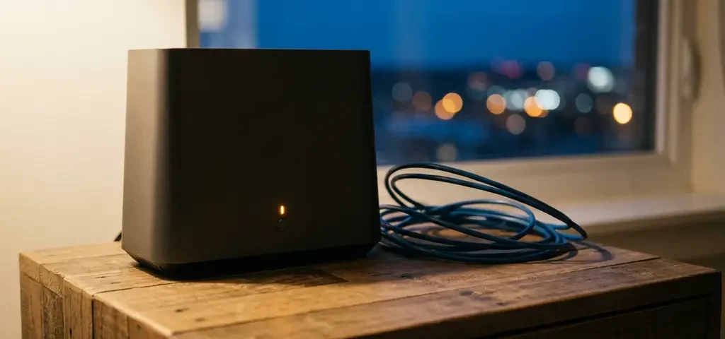 Thuisrouter met knipperend amber waarschuwingslampje op nachtkastje, stadslichten zichtbaar door raam in avondlucht, verstrengelde glasvezelkabels op de voorgrond.