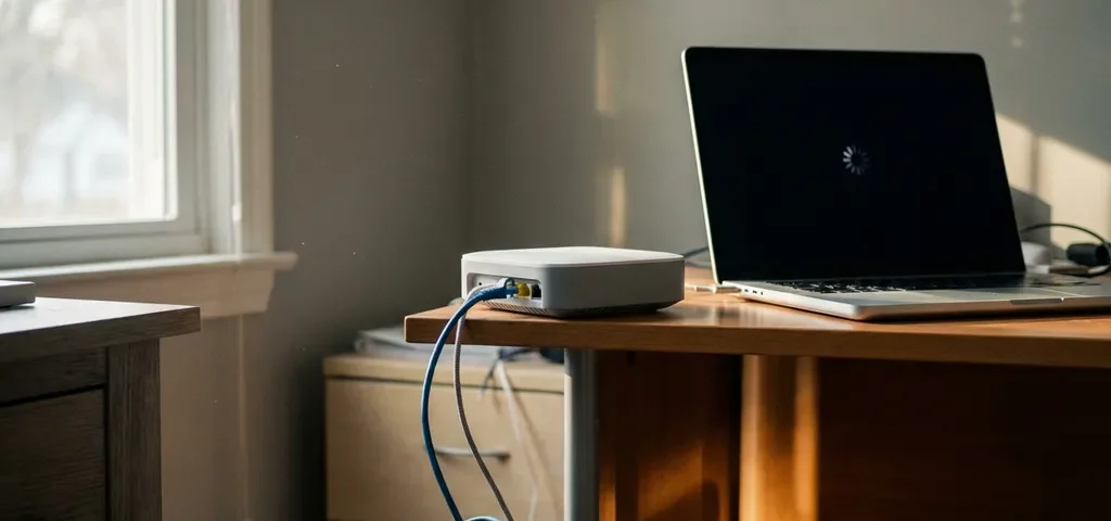 Losgekoppelde ethernetkabel hangt uit een thuisrouter op een bureau naast laptop met laadscherm, zacht ochtendlicht.