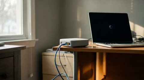 Losgekoppelde ethernetkabel hangt uit een thuisrouter op een bureau naast laptop met laadscherm, zacht ochtendlicht.