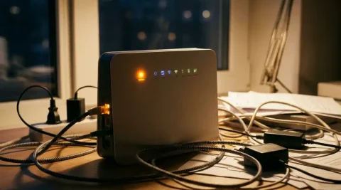 Moderne fiber optic router op rommelig bureau met verstrengelde ethernetkabels en knipperend oranje waarschuwingslampje tijdens piekuren.