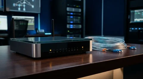 Uitgeschakelde moderne router met gedimde indicatielampjes op een bureauoppervlak, omringd door glasvezelkabels met één oranje waarschuwingslicht.