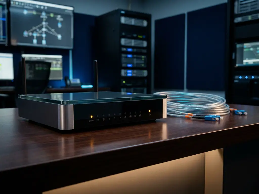 Uitgeschakelde moderne router met gedimde indicatielampjes op een bureauoppervlak, omringd door glasvezelkabels met één oranje waarschuwingslicht.