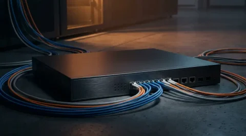 Uitgeschakelde enterprise router met donkere indicatielampjes op serverroomvloer, omringd door gebundelde glasvezelkabels in zwak amberkleurig licht.