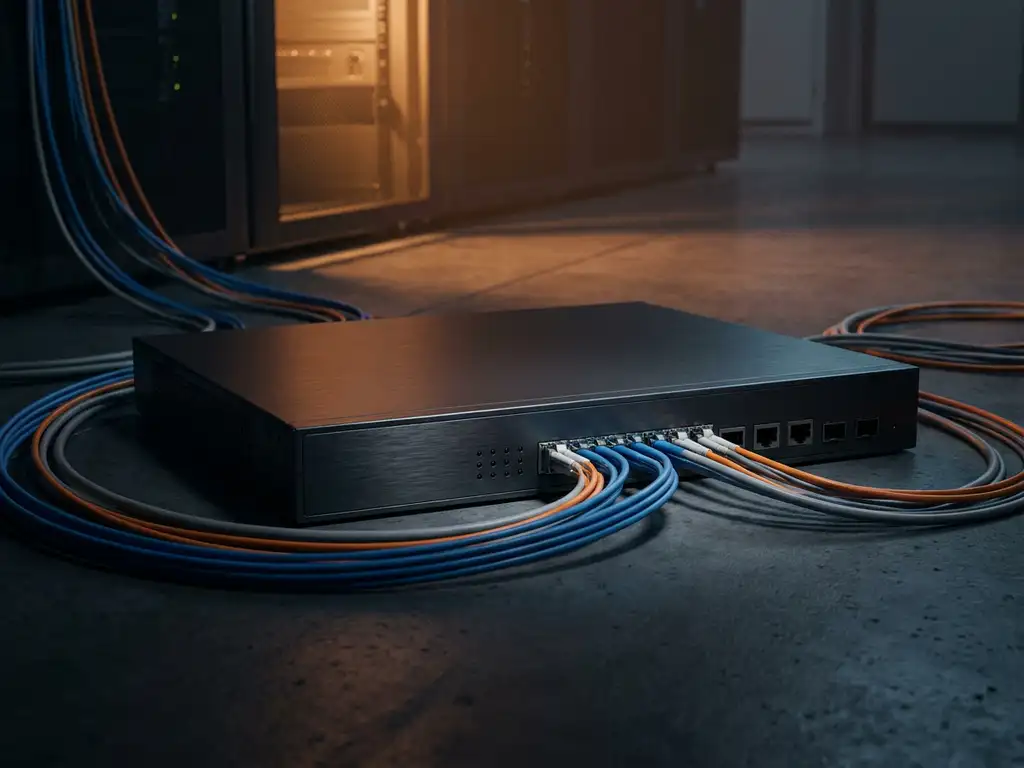 Uitgeschakelde enterprise router met donkere indicatielampjes op serverroomvloer, omringd door gebundelde glasvezelkabels in zwak amberkleurig licht.