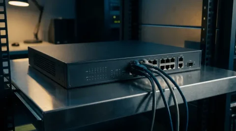 Uitgeschakelde enterprise router met donkere indicatorlampjes en losse ethernetkabels op een serverruimtebureau.