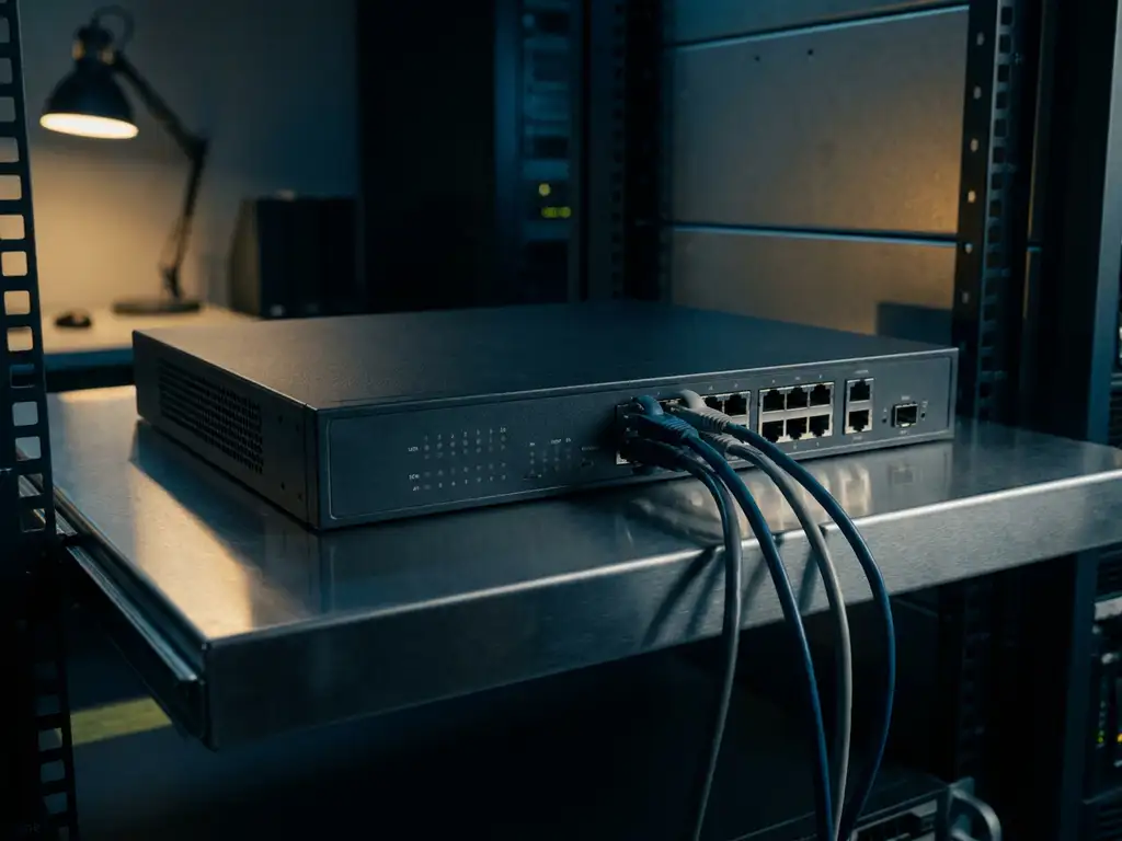 Uitgeschakelde enterprise router met donkere indicatorlampjes en losse ethernetkabels op een serverruimtebureau.
