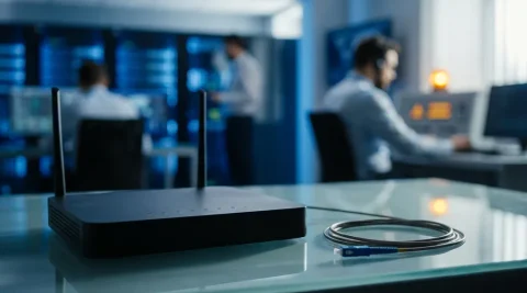 Moderne router met uitgeschakelde indicatielampjes op glazen bureau, losgekoppelde glasvezelkabel ernaast, in een professionele netwerkomgeving.