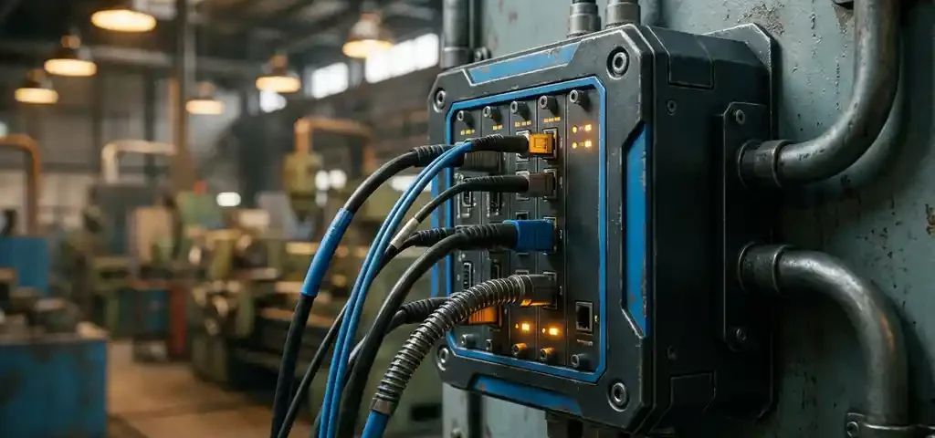 Gerobuste edge server gemonteerd op industrieel wandpaneel met dikke glasvezelkabels, fabriekshal op de achtergrond.