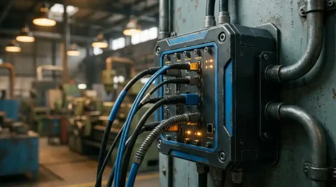 Gerobuste edge server gemonteerd op industrieel wandpaneel met dikke glasvezelkabels, fabriekshal op de achtergrond.