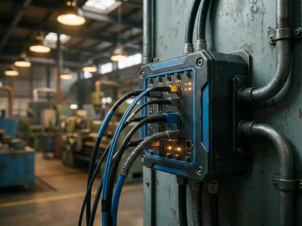 Gerobuste edge server gemonteerd op industrieel wandpaneel met dikke glasvezelkabels, fabriekshal op de achtergrond.