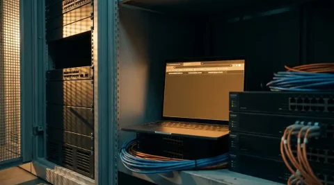 Laptop met ongeautoriseerde cloudapps in donkere serverruimte naast netwerkswitch en glasvezelkabels, met zichtbare lege plek in het rack.