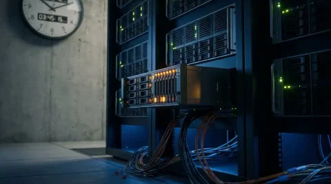 Servorrack met flikkerende amber statuslichten in donker datacenter, omringd door glasvezelkabels en een precisieklok die tijddrift toont.