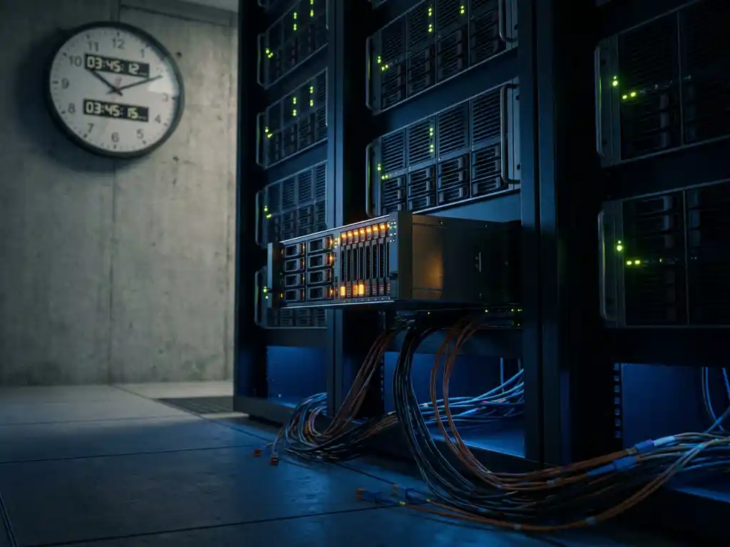 Servorrack met flikkerende amber statuslichten in donker datacenter, omringd door glasvezelkabels en een precisieklok die tijddrift toont.