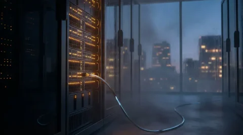 Enterprise serverrack met amber indicatielampjes in mistige datacentergang, glaswand met vage stadssilhouet op achtergrond.