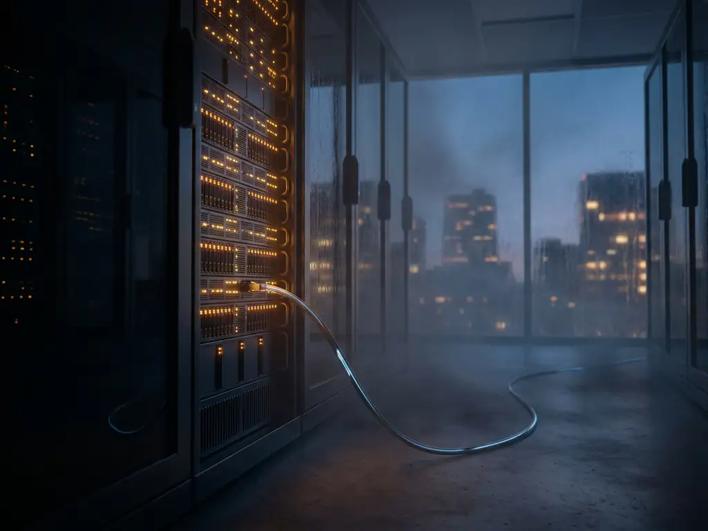 Enterprise serverrack met amber indicatielampjes in mistige datacentergang, glaswand met vage stadssilhouet op achtergrond.