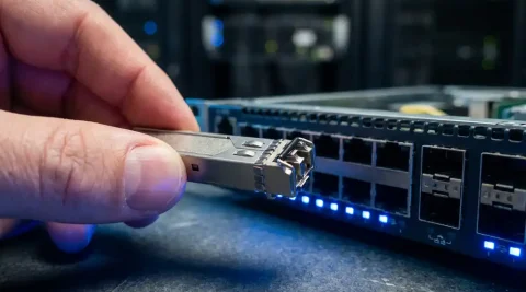 SFP-transceiver module tussen vingers gehouden boven een open Cisco-netwerkswitch met blauwe LED-poortverlichting.