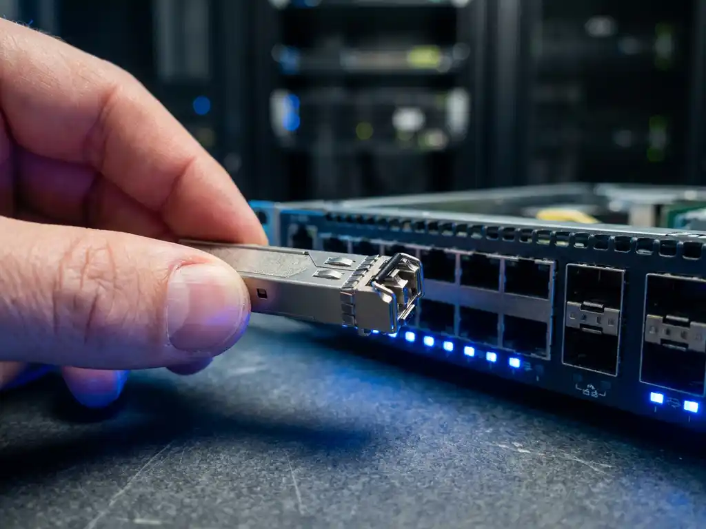 SFP-transceiver module tussen vingers gehouden boven een open Cisco-netwerkswitch met blauwe LED-poortverlichting.