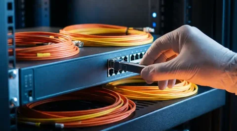SFP-transceiver die wordt geplaatst in een fiber optic switch, omgeven door oranje glasvezelkabels op een serverrek.