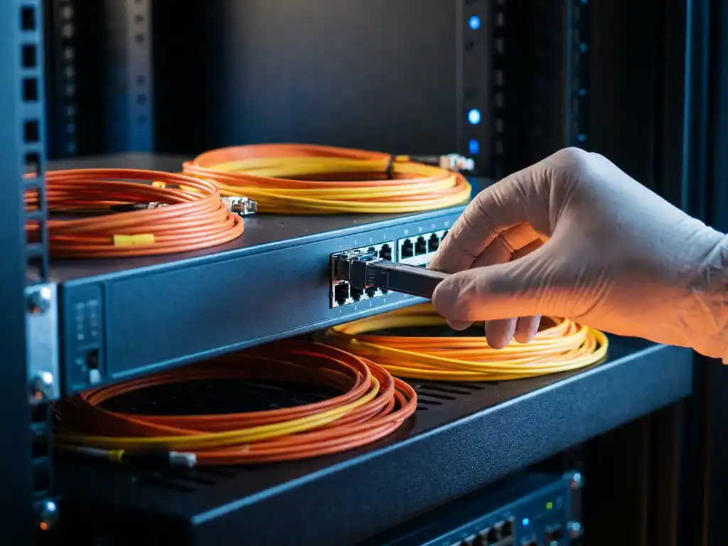 SFP-transceiver die wordt geplaatst in een fiber optic switch, omgeven door oranje glasvezelkabels op een serverrek.