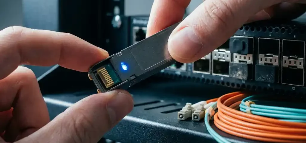 SFP transceiver module gehouden boven een netwerkswitch met bezette SFP-poorten en LC-connectoren van glasvezelkabels op serverrek.