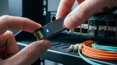SFP transceiver module gehouden boven een netwerkswitch met bezette SFP-poorten en LC-connectoren van glasvezelkabels op serverrek.