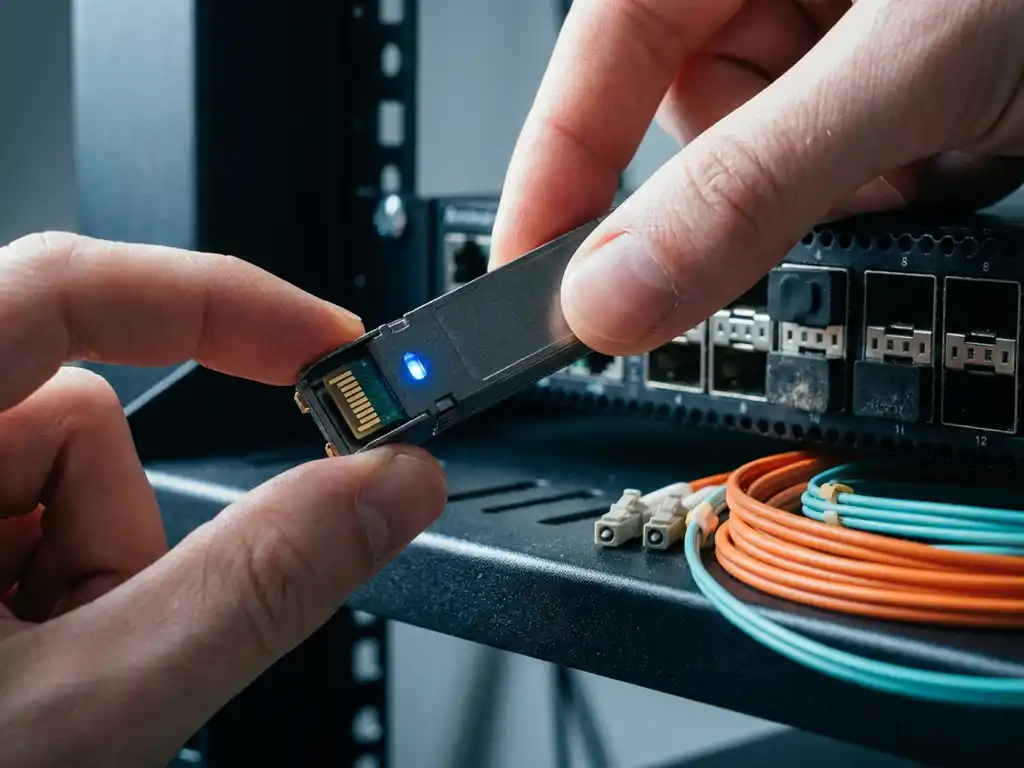 SFP transceiver module gehouden boven een netwerkswitch met bezette SFP-poorten en LC-connectoren van glasvezelkabels op serverrek.