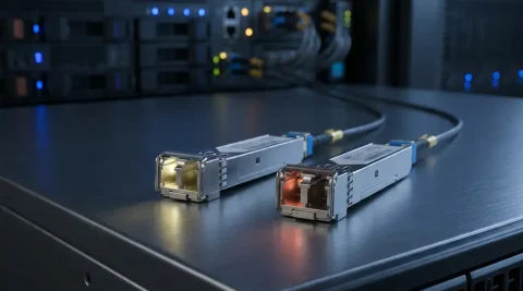Twee SFP-transceivers op donker geborsteld metaal, één met geel-gouden gloed voor singlemode en één oranje-rood voor multimode, met glasvezelkabels.