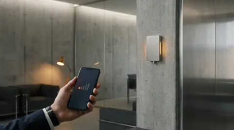 Smartphone met zwakke signaalbalken in modern kantoor met betonnen muren en een gsm-signaalversterker aan de wand.