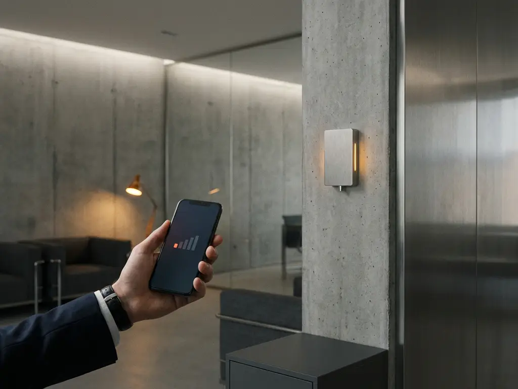 Smartphone met zwakke signaalbalken in modern kantoor met betonnen muren en een gsm-signaalversterker aan de wand.