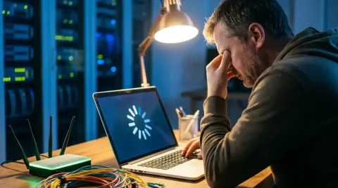 IT-professional gefrustreerd voor laptop met laadscherm, groene router met vol signaal en verstrengelde glasvezelkabels op bureau.