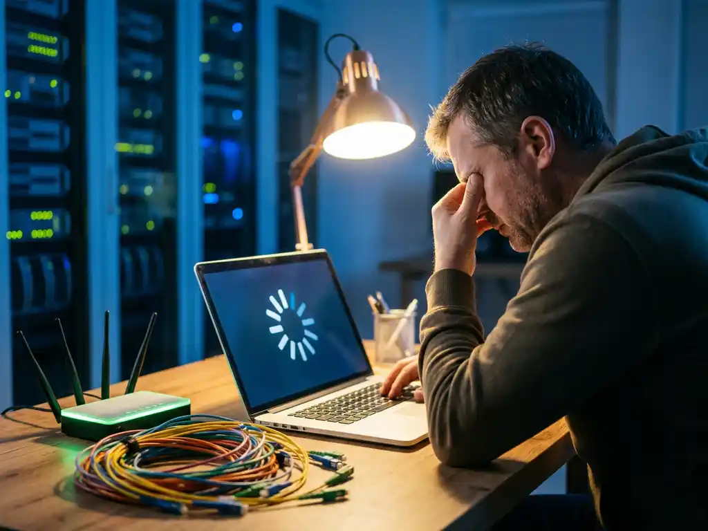 IT-professional gefrustreerd voor laptop met laadscherm, groene router met vol signaal en verstrengelde glasvezelkabels op bureau.