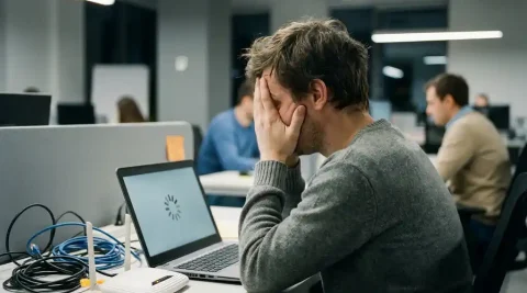 Gefrustreerde kantoormedewerker voor laptop met laadscherm, consumentenrouter met oranje waarschuwingslamp en verward ethernetkabel op bureau.